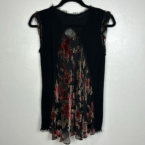 Mezon Cotton Blend Floral Burnout Velvet Split Back Layered Top Size S - Picture 2 of 6